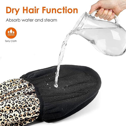 Auban Shower Cap, Shower Cap for Women Terry Cloth Lined EVA Exterior Reusable Double Layer Waterproof, Large Bath Hair Cap, Hotel Travel Essentials Accessories Cleaning Supplies (Leopard)