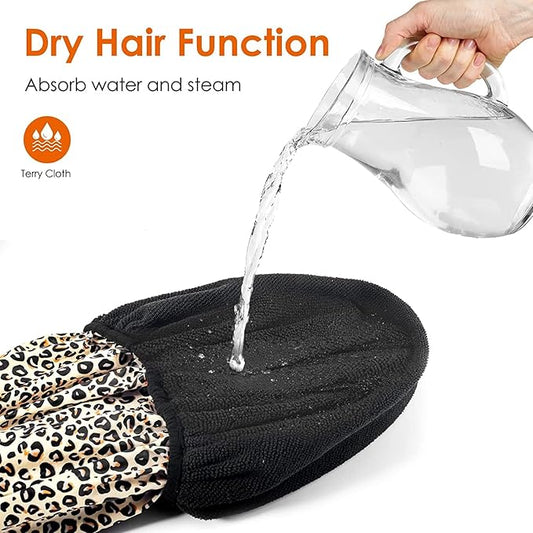 Auban Shower Cap, Shower Cap for Women Terry Cloth Lined EVA Exterior Reusable Double Layer Waterproof, Large Bath Hair Cap, Hotel Travel Essentials Accessories Cleaning Supplies (Leopard)