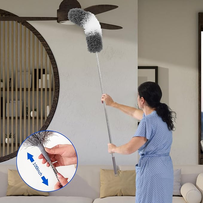 Dusters for Cleaning,9Pcs Feather Duster with Extension Pole Up to 100'',Bendable Extendable Long Feather Duster for Cleaning Fan,High Ceiling,Blinds,Furniture,Cars