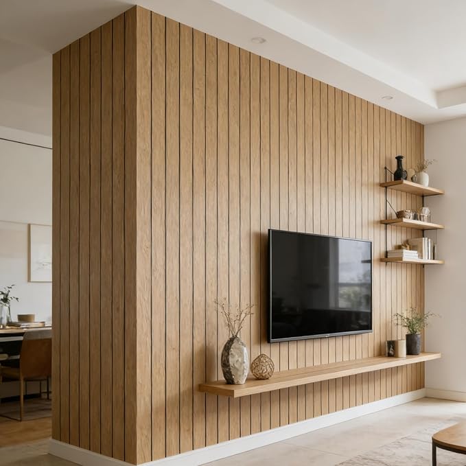 Abyssaly PVC Peel and Stick Wall Panels, 236"x15.7" Faux 3D Wood Slat Wallpaper, Soundproof Waterproof Self-Adhesive Paneling, Thickened Wood Grain Wall Decor for Living Room Bedroom Kitchen (Brown)