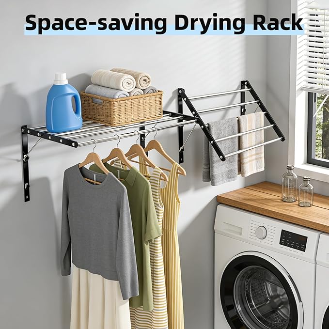 Wall Mounted Drying Rack for Laundry, 13”-23” Retractable Clothes Drying Rack, Drying Rack Clothing with 5 Smooth Round Stainless Steel Rods, Space Saving for Bathroom, Laundry Room, Apartments, Black