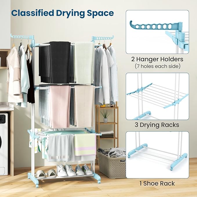 Giantex Foldable Clothes Drying Rack, Oversized 4-Tier Collapsible Laundry Rack w/ 3 Retractable Trays, Hanger Holders, Moveable Laundry Garment Dryer Stand w/Wheels for Indoor Outdoor Use, Blue