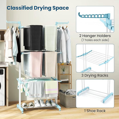 Giantex Foldable Clothes Drying Rack, Oversized 4-Tier Collapsible Laundry Rack w/ 3 Retractable Trays, Hanger Holders, Moveable Laundry Garment Dryer Stand w/Wheels for Indoor Outdoor Use, Blue