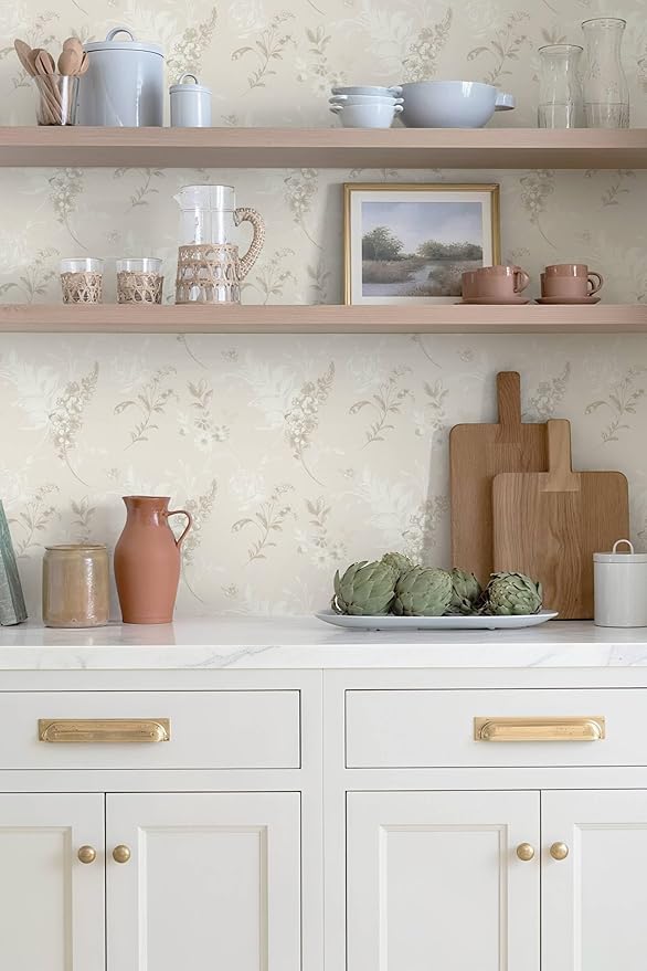 Heroad 17.3inx32.8ft Beige Wallpaper Floral Peel and Stick Wallpaper Delicate Flower Contact Paper for Cabinets Drawers Waterproof Removable Wall Paper Self Adhesive Stick on Walls Decor Vinyl Roll