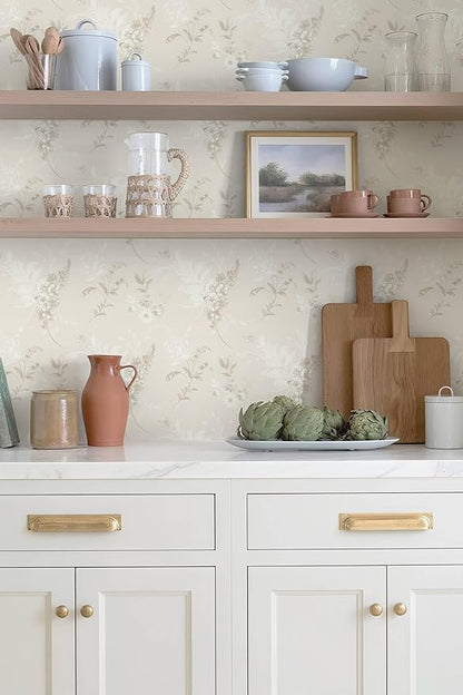 Heroad Beige Wallpaper Floral Peel and Stick Wallpaper Delicate Flower Contact Paper for Cabinets Drawers Waterproof Removable Wall Paper Self Adhesive Stick on Walls Decor Vinyl Roll 17.3''x78.7''