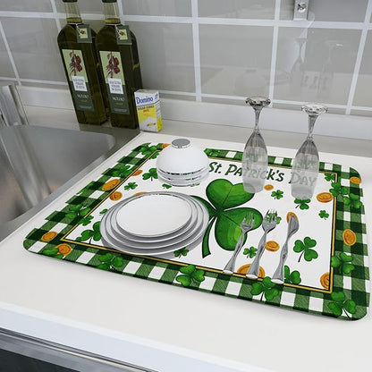 Happy St. Patrick's Day Green Dish Drying Mat 18 x 24 Inch With Absorbent Reversible Microfiber Lucky Clover Shamrock Buffalo Check Plaid Drying Spring Dish Drainer Mat Fast Dry For Kitchen