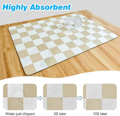CooRug Checkered Dish Drying Mat for Kitchen Counter, Absorbent Non-Slip Coffee Mat, Heat Resistant Mat for Countertops Coffee Bar Decor 12" x 20" Khaki