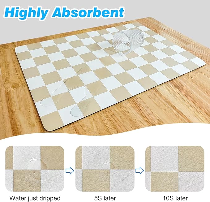 CooRug Checkered Dish Drying Mat for Kitchen Counter, Absorbent Non-Slip Coffee Mat, Heat Resistant Mat for Countertops Coffee Bar Decor 16" x 24" Khaki