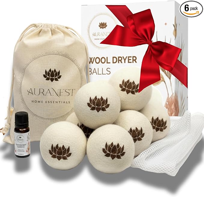 AuraNest Premium Quality Wool Dryer Balls Kit – 100% Organic XL Dryer Balls with Essential Oil & Laundry Mesh Bag, Reusable Fabric Softener Alternative to Dryer Sheets, Eco-friendly Housewarming Gift