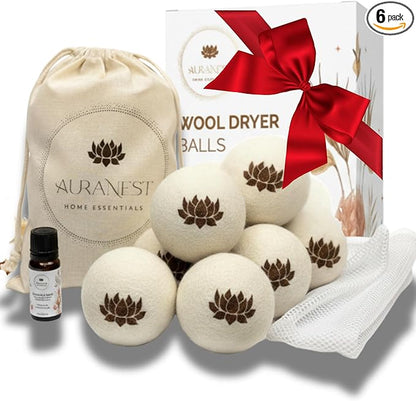 AuraNest Premium Quality Wool Dryer Balls Kit – 100% Organic XL Dryer Balls with Essential Oil & Laundry Mesh Bag, Reusable Fabric Softener Alternative to Dryer Sheets, Eco-friendly Housewarming Gift