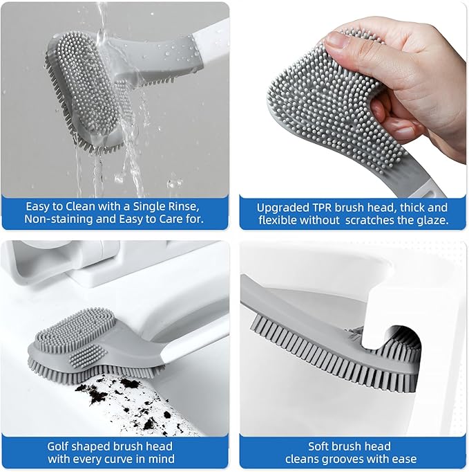 Toilet Brush and Holder Set Silicone, Flexible Toilet Brush for Deep Cleaning of Dead Corners, Snap-on Detachable Long Toilet Brush, Wall-Mounted Toilet Bowl Brush Set (Black)