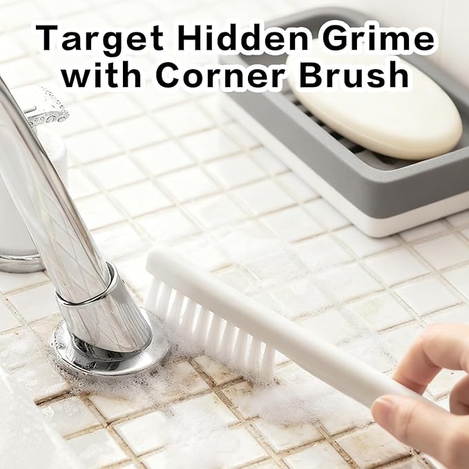 Silicone Toilet Brush Set with Corner Brush & Wall-Mounted Holder, No-Scratch Design with Drainage Holes, Adhesive Installation, White