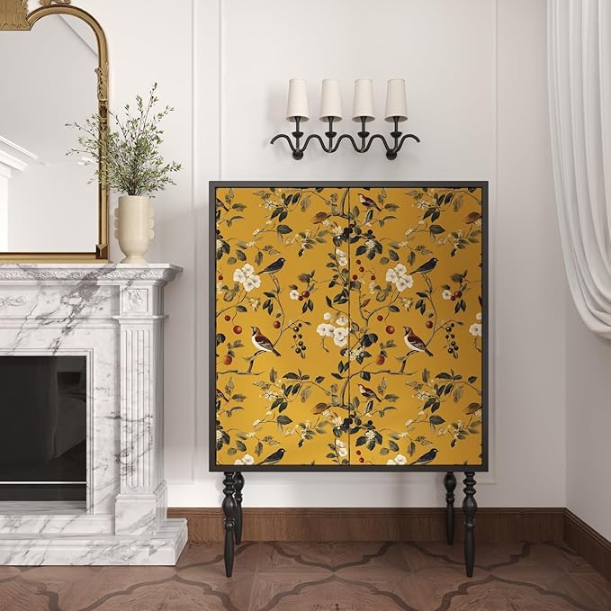 Laatse Vintage Bird Wallpaper 17.5"x393" Yellow Chinoiserie Floral Wallpaper Peel and Stick Removable Waterproof Self Adhesive Boho Wall Paper Floral Contact Paper for Bedroom Walls Cabinet Locker