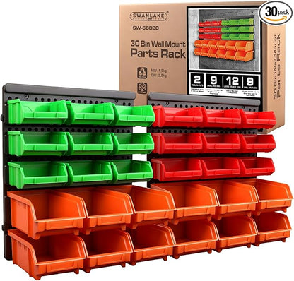 SWANLAKE GARDEN TOOLS 30-Bin Wall-Mounted Storage Bins, Heavy-Duty Garage Tool Organizer for Screws, Nuts, Bolts, Nails, Small Hardware Parts - Easy Installation and Customizable