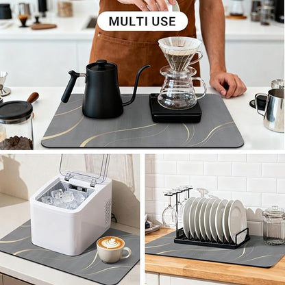 Coffee Mat 24x16 Inch, Light Gray Streamline Coffee Pot Mat, Absorbent Hide Stain Rubber Backed Dish Drying Mat for Kitchen Counter, Mat for Countertops, Under Coffee Maker Machine Bar Espresso Staion