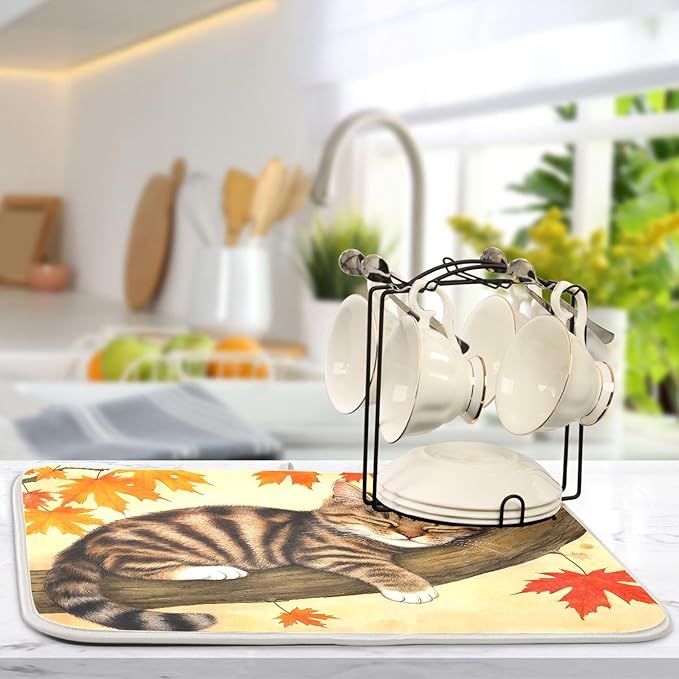 Fall Cats Dish Drying Mat for Kitchen Countertop 18x24 Autumn Maple Leaves Kitty Thanksgiving Day Large Drying Mat Reusable Quick Dry Dish Sink Mats Easy Clean Decorative Essentials