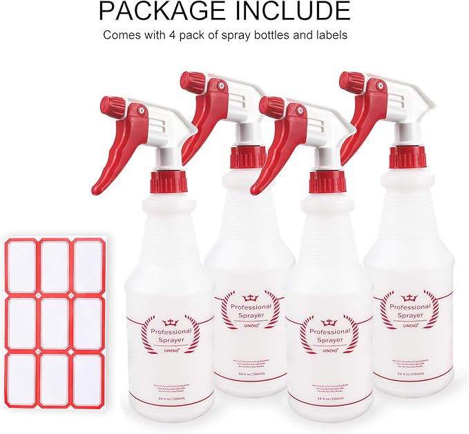 Uineko Plastic Spray Bottle (4 Pack, 24 Oz, All-Purpose) Heavy Duty Spraying Bottles Leak Proof Mist Empty Water Bottle for Cleaning Solution Planting Pet with Adjustable Nozzle and Measurements