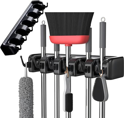 Broom Holder Wall Mount, Heavy Duty Mop Holder Wall Mount with Hooks & Slots, Garage Storage Wall Hanger for Shovel, Rake, Kitchen, Laundry & Shed