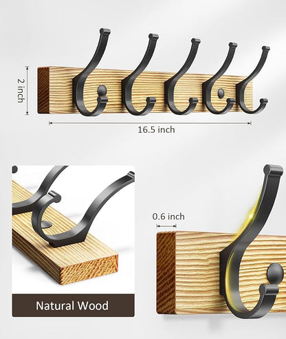 Optish Coat Rack Wall Mount, 16.5 Inches Wood Coat Hooks Wall Mount, Wall Coat Rack with 5 Hooks, Hat Rack Wall Hooks for Hanging Coat, Bag, Towel (1Pack, Natural)