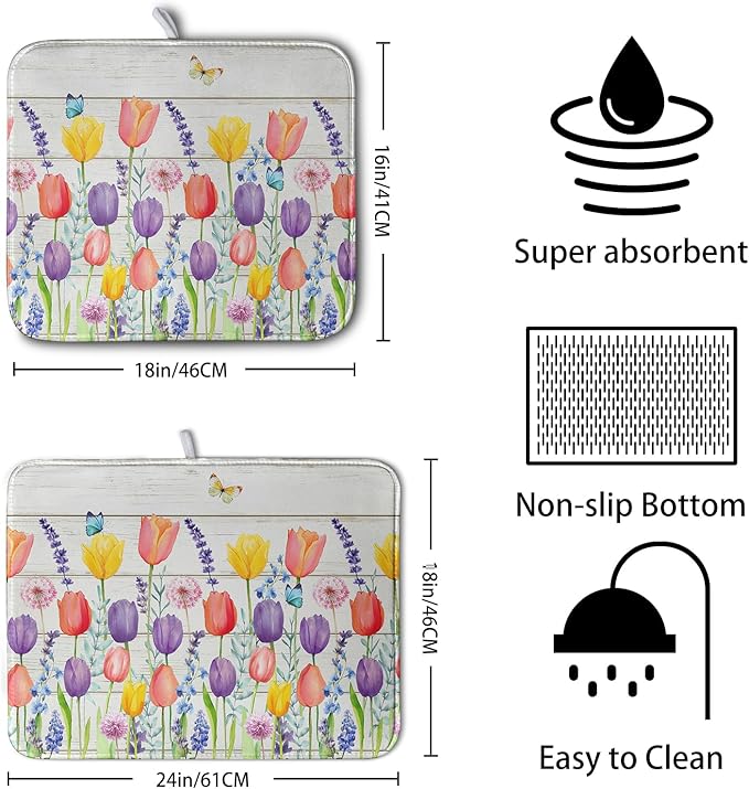 Tulip Floral Dish Drying Mat for Kitchen Counter Watercolor Spring Flower Dish Mat Absorbent Microfiber Dish Draining Mat Reversible Heat Resistant Dishes Pad Large 16 x 18 Inch