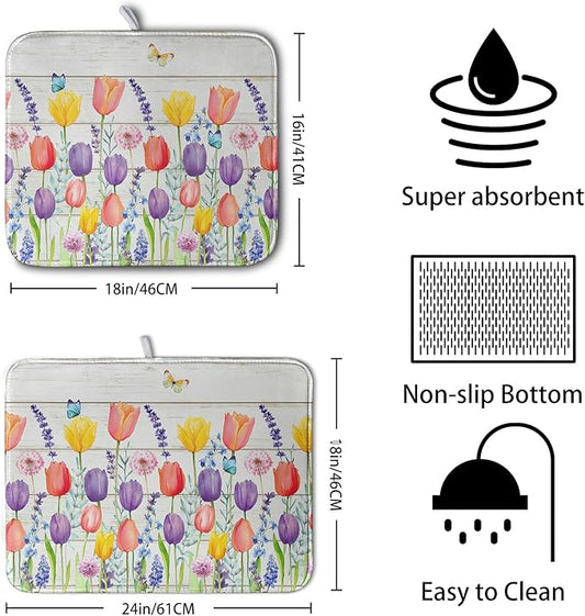 Tulip Floral Dish Drying Mat for Kitchen Counter Watercolor Spring Flower Dish Mat Absorbent Microfiber Dish Draining Mat Reversible Heat Resistant Dishes Pad Large 18 x 24 Inch