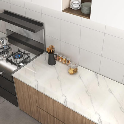 JSEVEM 16"×394" Thick White and Grey Marble Wallpaper Peel Stick Waterproof White Gray Marble Contact Paper Vinyl Glossy Self Adhesive Granite Sticker for Kitchen Island Cabinets Bathroom Countertops