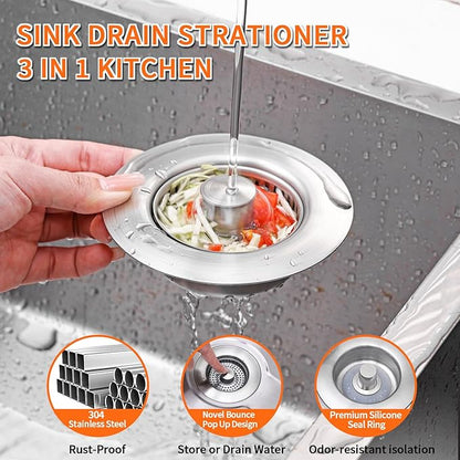 3-in-1 Kitchen Sink Drain Strainer & Sink Stopper 2 Pack - 304 Stainless Steel Sink Drain Strainer, Pop-Up Anti-Clog Design, Fits Standard 3-1/2'' Sink Drains