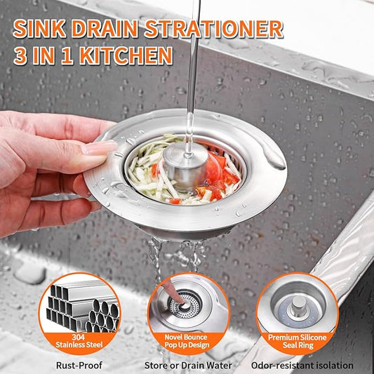 3-in-1 Kitchen Sink Drain Strainer & Sink Stopper 2 Pack - 304 Stainless Steel Sink Drain Strainer, Pop-Up Anti-Clog Design, Fits Standard 3-1/2'' Sink Drains
