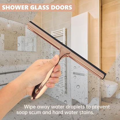 9.6 Inches All-Purpose Silicone Squeegee for Shower Doors with Adhesive Hook. Window Shower Cleaner Tool Suitable for Shower Glass Doors, Bathroom, Window and Car Glass.Rose Gold