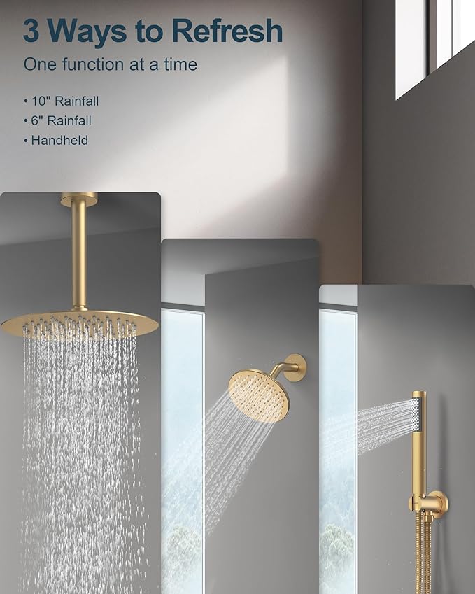 10" Dual Rainfall Shower Head Faucet Set with Handheld Sprayer, Round Rainfall Shower System, Brushed Gold