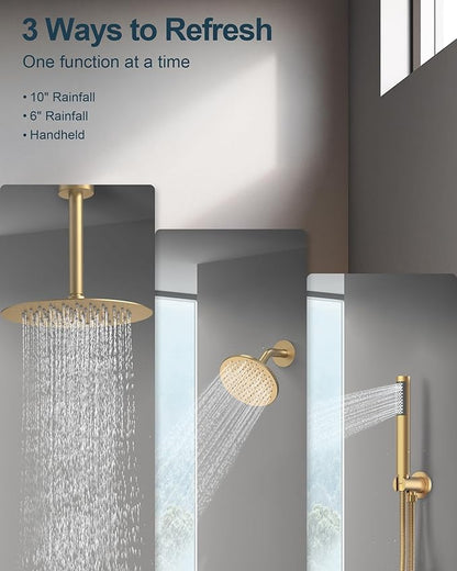 10" Dual Rainfall Shower Head Faucet Set with Handheld Sprayer, Round Rainfall Shower System, Brushed Gold
