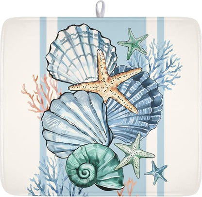 Summer Sea Shell Drying Mat 18x16 Inch, Starfish Drying Mat with Absorbent Reversible Microfiber, Coastal Dish Drainer Mats Holiday Ocean Rack Pad for Coffee Countertop Kitchen Protector