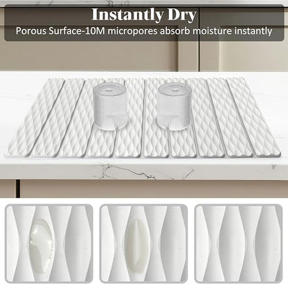 Large Stone Dish Drying Mats for Kitchen Counter, 24"(L)×16"(W) Wave - Pattern, Fast Drying Collapsible Dish Drying Mat, Eco-Friendly Absorbent Diatomaceous Earth Mats for Match Any Countertop