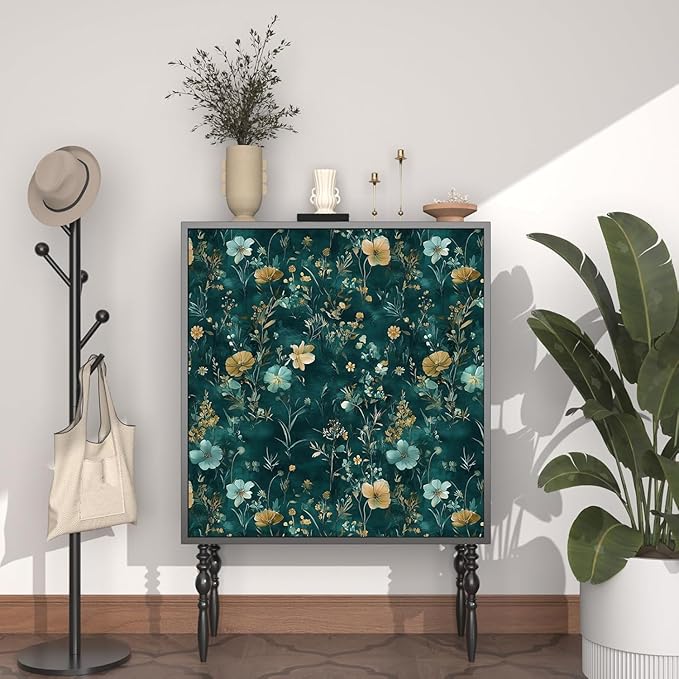 Laatse Teal/Blue/Yellow Floral Peel and Stick Wallpaper Boho Wallpaper 17.5"x118" Vintage Wildflowers Contact Paper Waterproof Self Adhesive Modern Stick on Wall Paper for Bedroom Walls Table Cabinet