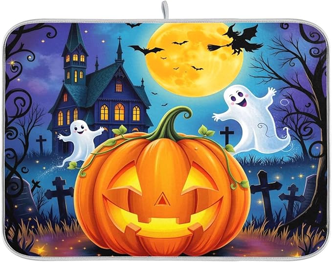Halloween Pumpkin Ghost Witch Dish Drying Mat for Kitchen Counter Absorbent Microfiber Drying Pad, Medium 16x18 in