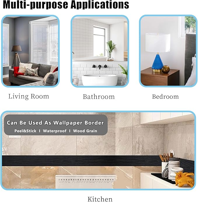 Teemall 10M Black Wood Grain Removable PVC Waterproof Border Wall Decor Removable Self Adhesive Kitchen Bathroom Tiles Sticker Wallpaper 4.2x390 (Black, 4" x 390")