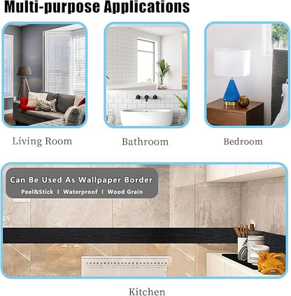 Teemall 10M Black Wood Grain Removable PVC Waterproof Border Wall Decor Removable Self Adhesive Kitchen Bathroom Tiles Sticker Wallpaper 4.2x390 (Black, 4" x 390")