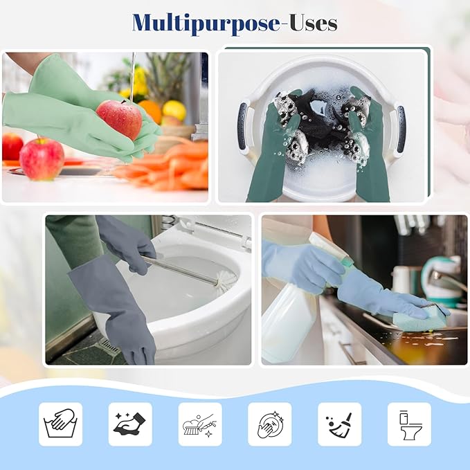 Rubber Kitchen Dishwashing Gloves - 4 Pairs Colorful Reusable Household Cleaning Gloves For Washing Dishes And Cleaning Tasks，Flexible And Durable Waterproof (Medium, Dark Green+Blue+Green+Gray)
