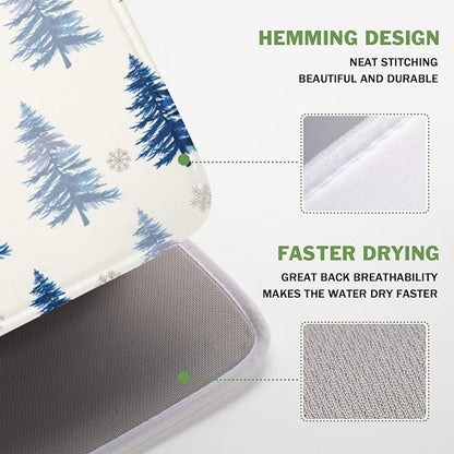 Winter Dish Drying Mat 16 x 18 Inch Blue Tree Dish Drying Pad Absorbent Microfiber Mats for Snowflake Dish Rack Pad for Holiday Kitchen Counter Coffee Bar Decor