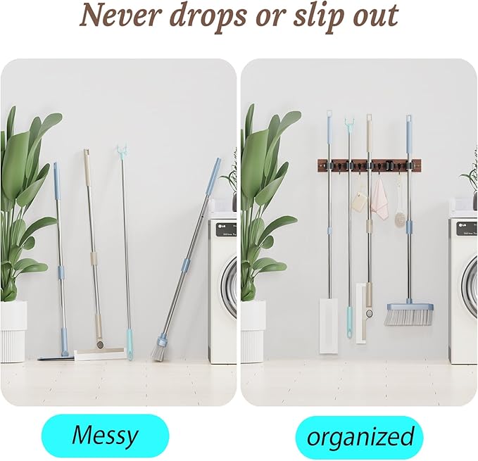 Broom Holder Wall Mount, Rustic Wood Broom Hanger with 5 Racks and 4 Hooks, Laundry Room Organization and Storage, Mop Holder for Home Decor, Garden, Garage, Kitchen, Closet (Black walnut Wood)