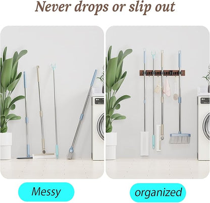 Broom Holder Wall Mount, Rustic Wood Broom Hanger with 5 Racks and 4 Hooks, Laundry Room Organization and Storage, Mop Holder for Home Decor, Garden, Garage, Kitchen, Closet (Black walnut Wood)