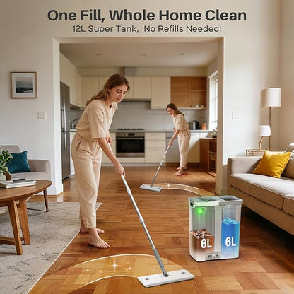 Mop and Bucket Set with AUTO Pump, 3-Zone Separate Dirty and Clean Water, Flat Mop and Bucket System with Wringer and Wheels, 4 Reusable Microfiber Pads, One-Touch Water Filling for Home Cleaning