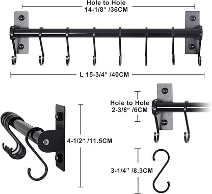 Dseap Kitchen Utensil Holder Hanger, Pot and Pan Rack Wall Mounted, Kitchen Rail with 8 Hooks for Hanging Cooking Utensils, Mugs, Spoons, Wall Mounted, Black
