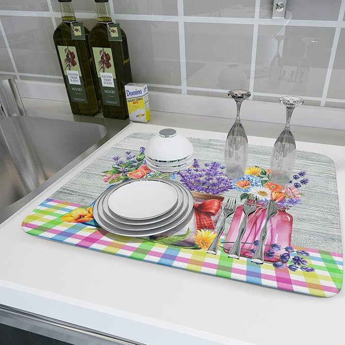 Kawani Spring Flowers Dish Drying Mat for Kitchen Counter 18"x24" Spring Floral Jars Drying Mat Soft Absorbent Microfiber Farmhouse Colorful Floral Dish Drainer Rack Mats for Counter tops