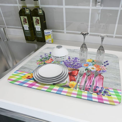 Kawani Spring Flowers Dish Drying Mat for Kitchen Counter 18"x24" Spring Floral Jars Drying Mat Soft Absorbent Microfiber Farmhouse Colorful Floral Dish Drainer Rack Mats for Counter tops