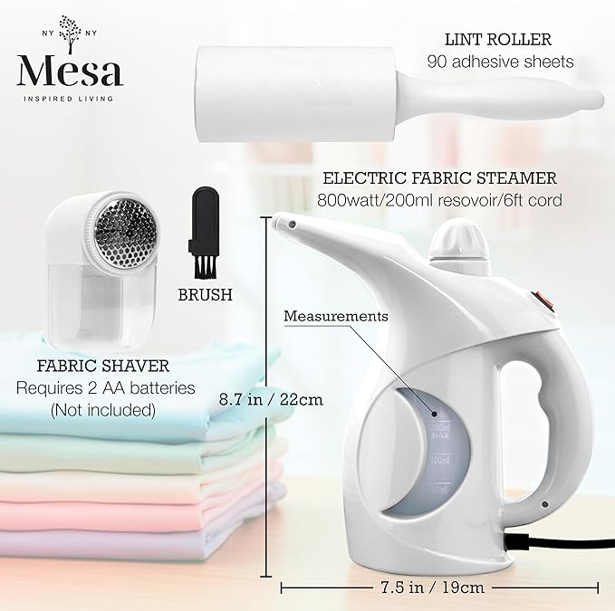 Inspired Living Fabric Care Kit – 3-Piece Fabric & Garment Care Set with Handheld Steamer, Lint Roller & Fabric Shaver – Portable Wrinkle Remover & Clothes Defuzzer
