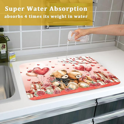 Holiday Microfiber Dish Drying Mat 18 X 24 in Valentines Day Bear Red Decorative Kitchen Countertop Mats
