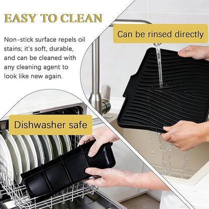 Silicone Drying Mat, 16"X13" With Built-in Drain Lip,Heat-Resistant,Eco-friendly,Hygienic Drying Pad,Leak-Proof and Non-Slip,Silicone Dish Drying Mat for Kitchen Counter or Sink（Black 16X13）