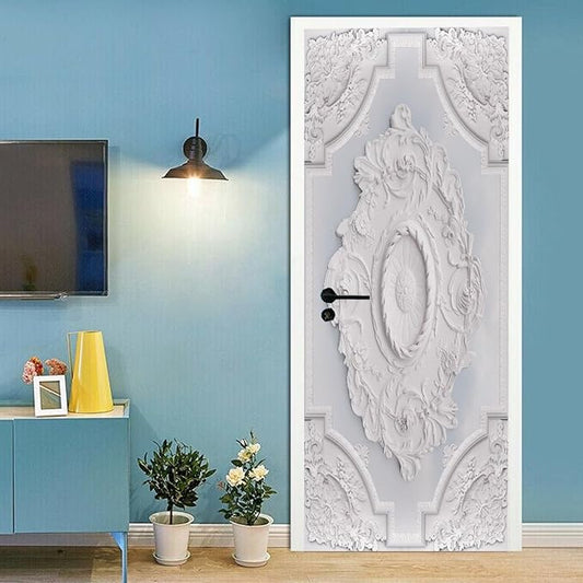 A.Monamour 3D Door Stickers for Interior Doors Luxury White Wall Design with Flowers Relief Moldings Vinyl Waterproof Self Adhesive Door Mural Decals for Bedroom Office Bathroom 95x215cm