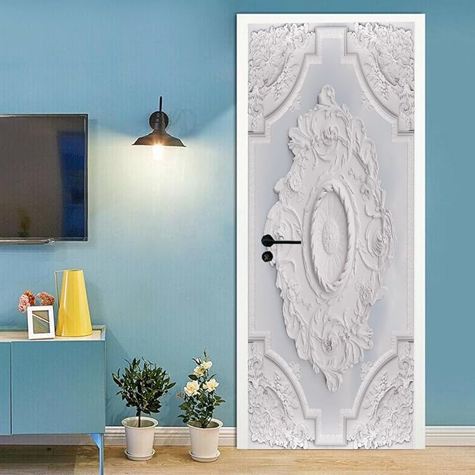 A.Monamour 3D Door Stickers for Interior Doors Luxury White Wall Design with Flowers Relief Moldings Vinyl Waterproof Self Adhesive Door Mural Decals for Bedroom Office Bathroom 85x215cm